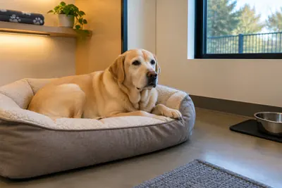Labrador resting on a bed in a boarding suite