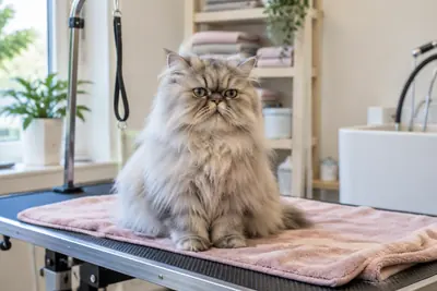Persian cat on a grooming table