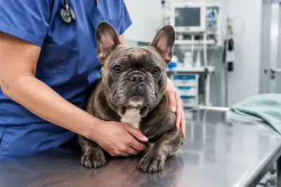 Vet technician comforting a French bulldog in an urgent care room