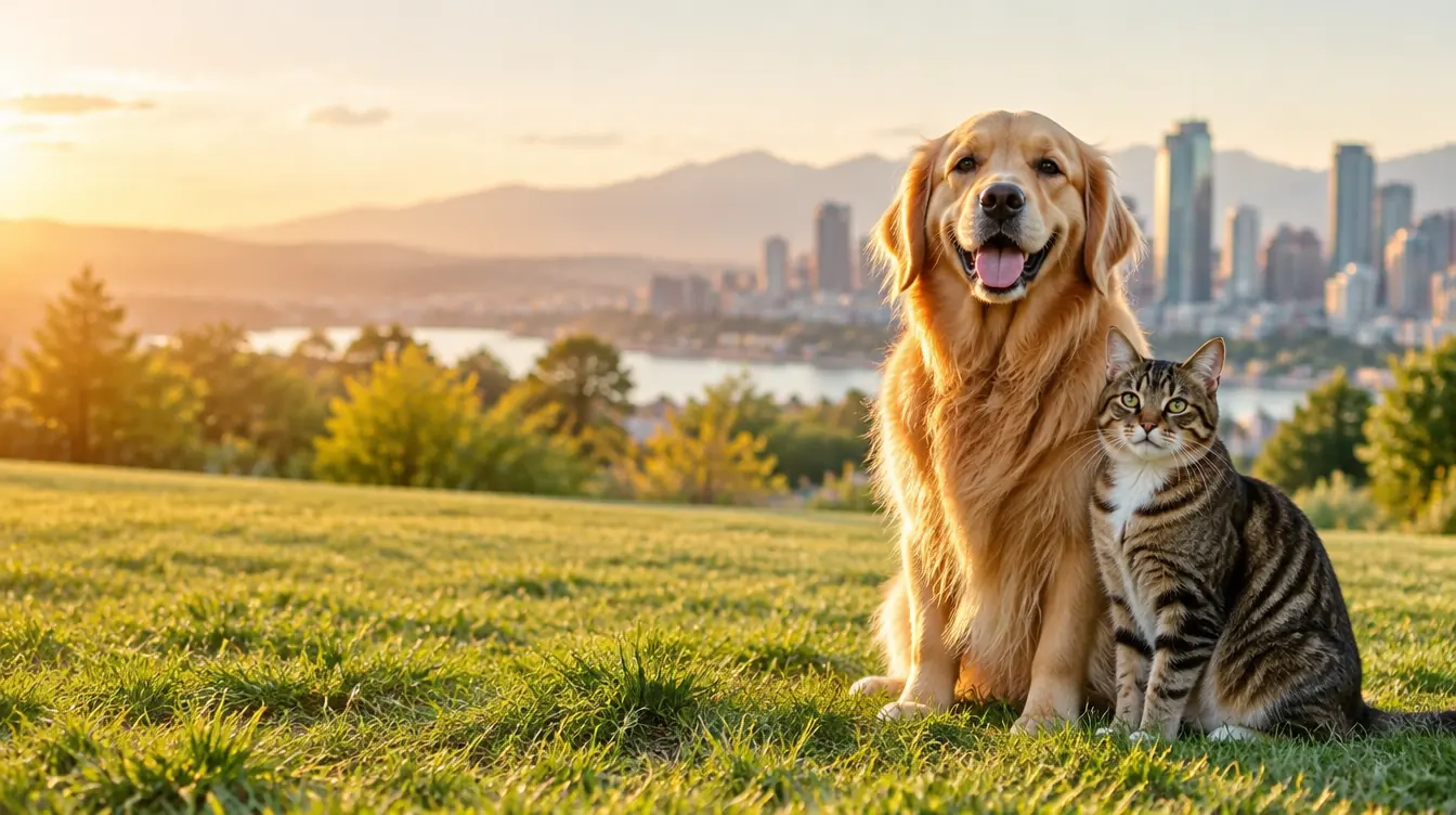 Golden retriever and tabby cat sitting together in a sunny city park