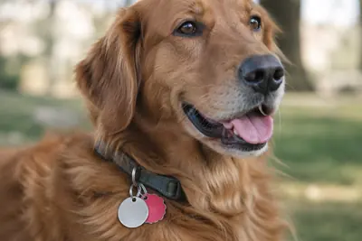 Dog wearing license and rabies tags
