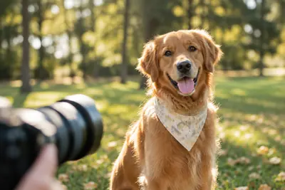Golden retriever posing for a pet photographer