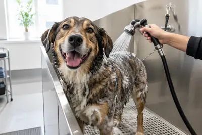 Dog being rinsed in a self-serve wash tub