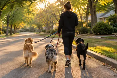 Dog walker with three dogs on a leafy street
