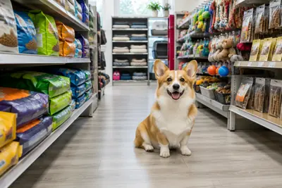 Corgi in a pet supply store aisle