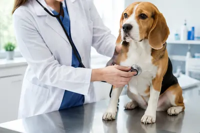 Veterinarian examining a beagle