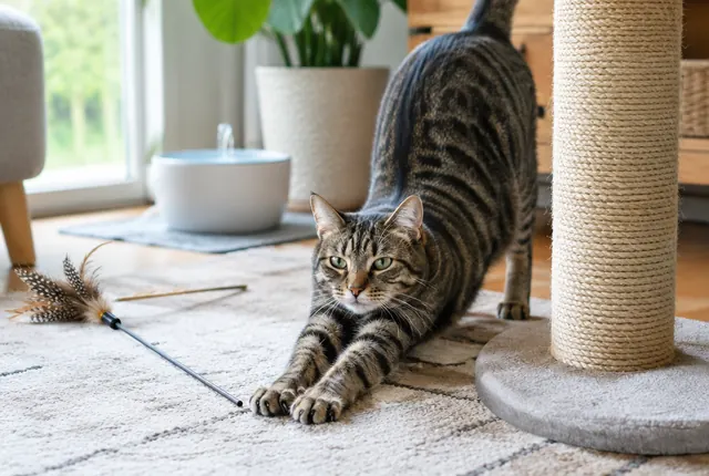 A tabby cat stretching beside a tall scratching post in a bright living room