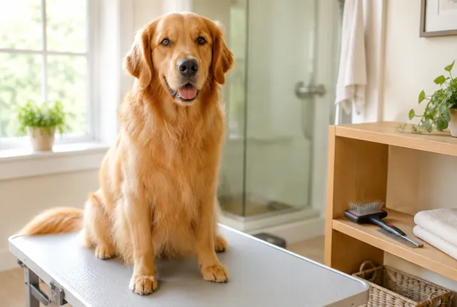 A golden retriever sitting calmly on a grooming table with a brush, comb and towel on a shelf nearby