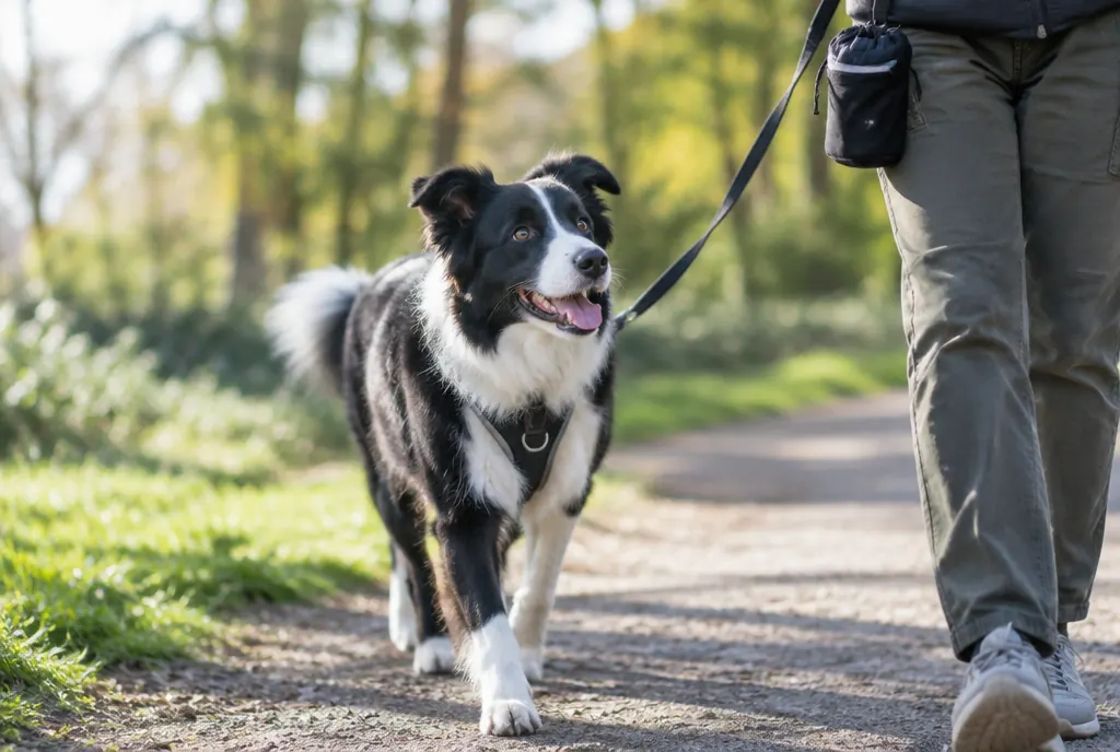 A border collie in a harness walking on a leash along a sunny park path
