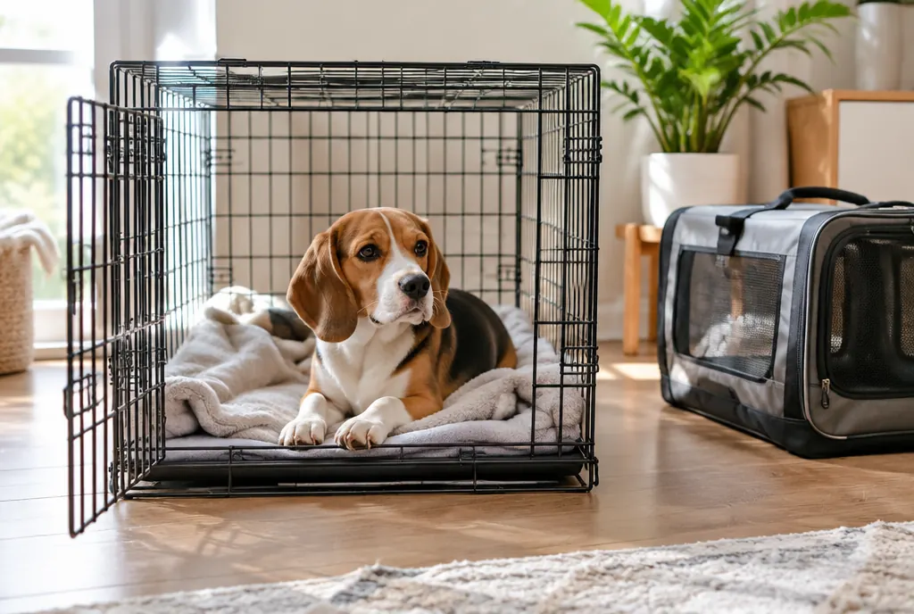 A beagle resting on a soft blanket in an open wire crate, with a travel carrier beside it