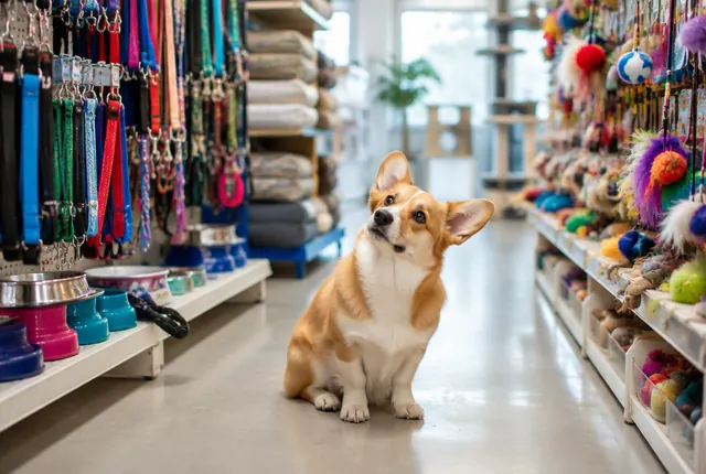 A corgi sitting in a bright pet store aisle lined with leashes, bowls and toys