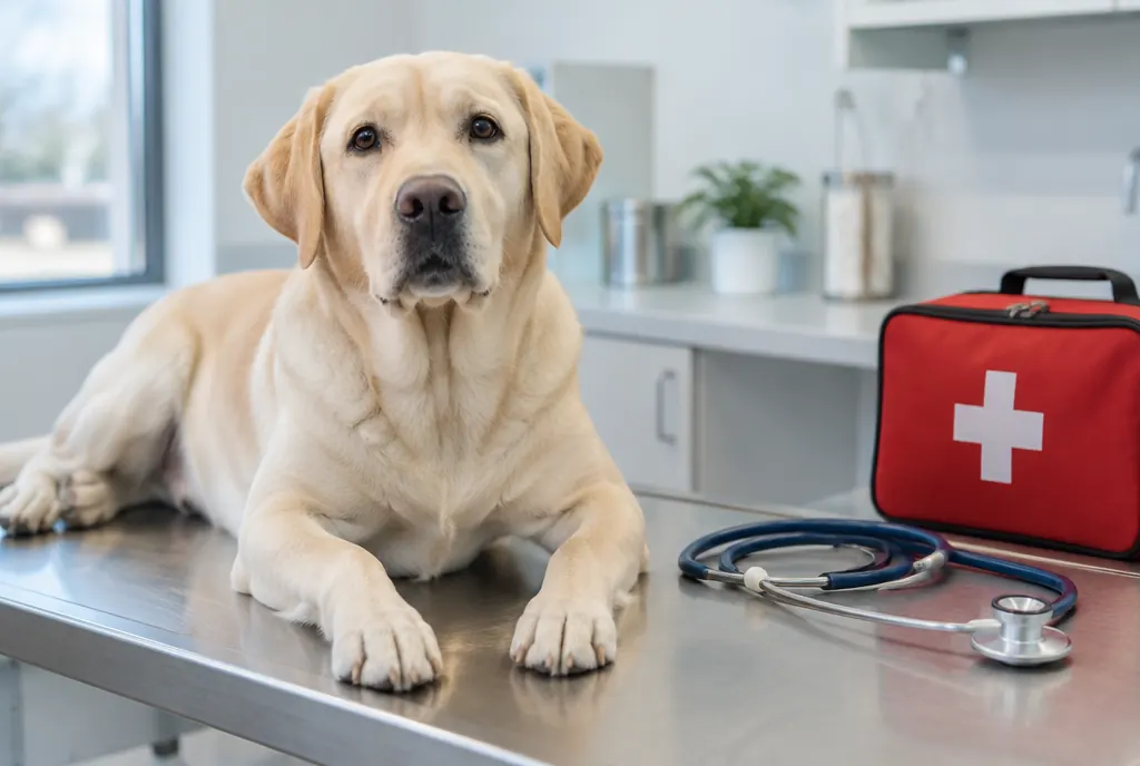 A labrador sitting on a clean exam table next to a pet first aid kit and a stethoscope